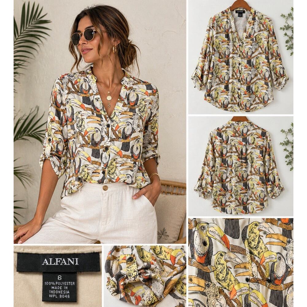 Alfani Toucan Bird Print Blouse Women’s Size 6 Tropical Button Front Top